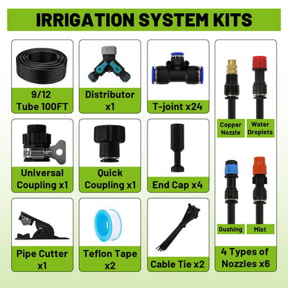 Kekangerly Drip Irrigation Kit - 100ft Automatic Watering System with 24 360° Sprinkler Nozzles, T-Connectors for Garden, Lawn, Greenhouse, Patio Plants & Hydroponics