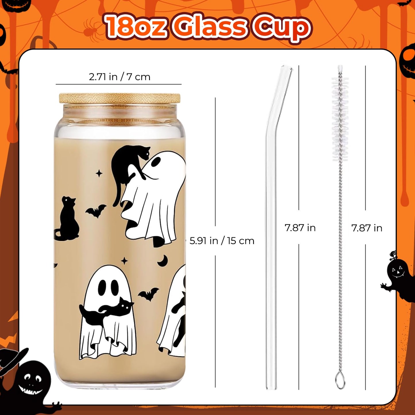 Halloween Glass Cups– 18oz Halloween Cups with Lid & Straw & Straw Covers, Ghost Tumbler Boo Basket Ghost Mug Iced Coffee Cup Decor Indoor