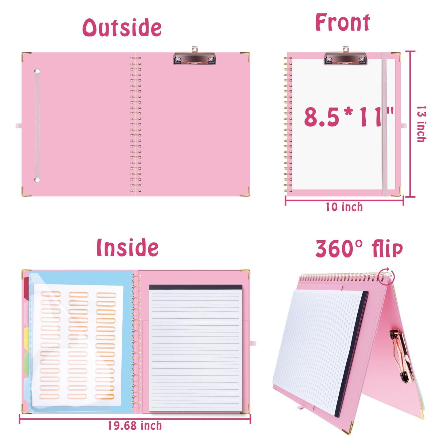 HAUTOCO Clipboard Folio with Refillable Notepad for Letter Size (11" x 8.5"), 5 Dividers with 10 Pockets, Elastic Pen Holder and File Folder Labels, Spiral Nurse Clipboard Artboard(Pink)