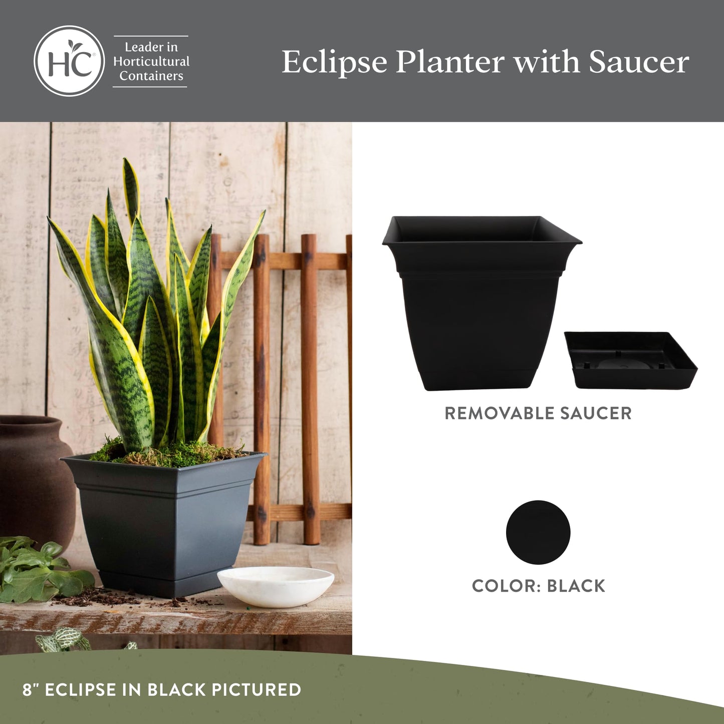 The HC Companies Eclipse Square Plastic Planter w/ Attached Saucer - Outdoor & Indoor Plant Pot with Drainage Holes - Lightweight, UV-Resistant Plastic Pots For Plants (12" Black, Pack of 1)