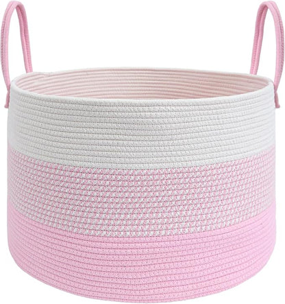 JMvicyroam 115L Extra Large Blanket Basket for Living Room - Woven Cotton Rope Laundry Hamper with Reinforced Handles - Storage Bin for Pillows, Comforters & Toys - Machine Washable,White&Pink Mix