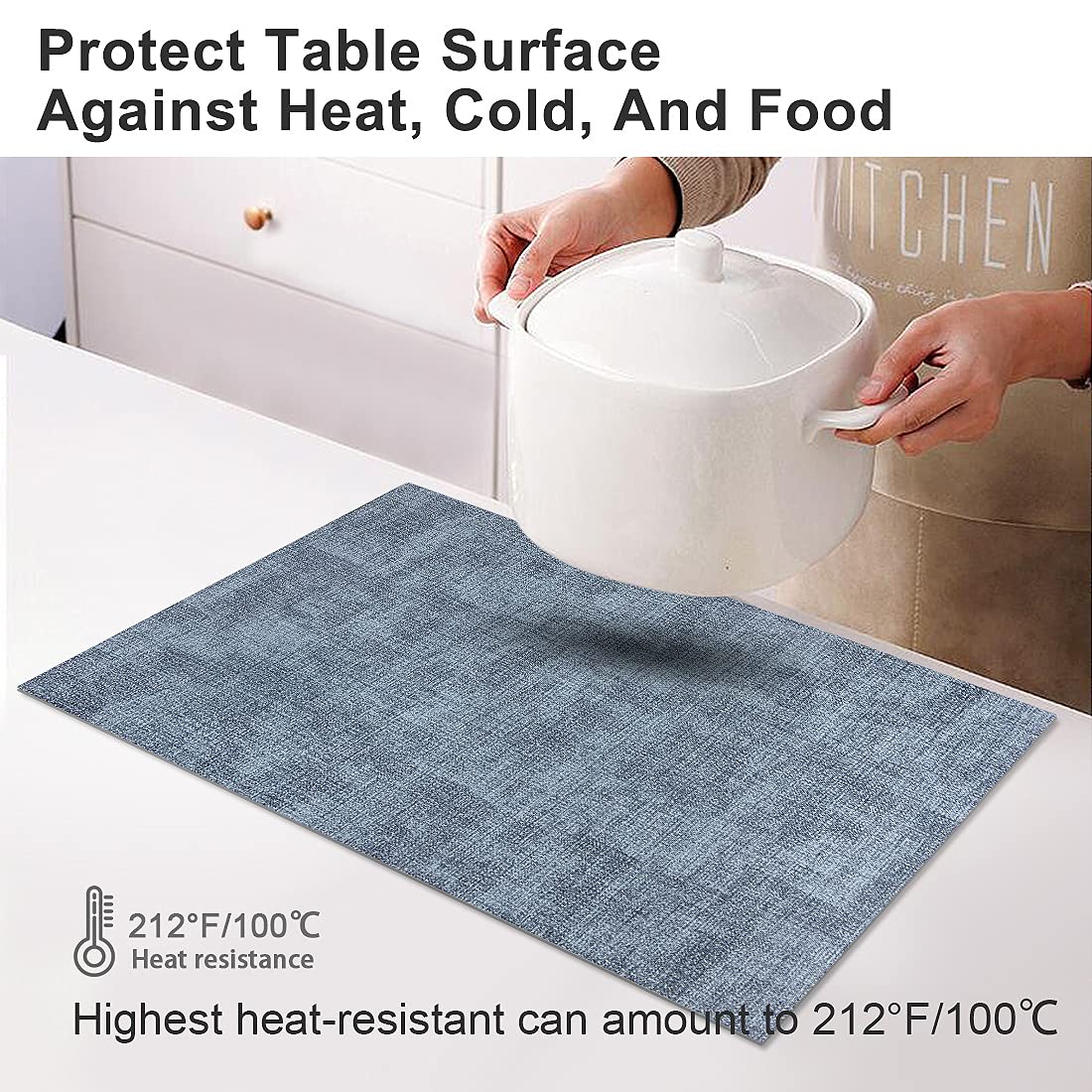 LANDVIEW Leather Heat Resistant Placemats Set of 6 Waterproof Wipeable Washable PU Table Mats,Easy to Clean Anti-Slip (6, Blue)