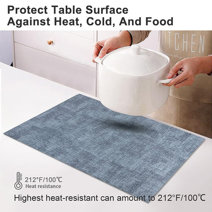 LANDVIEW Leather Heat Resistant Placemats Set of 6 Waterproof Wipeable Washable PU Table Mats,Easy to Clean Anti-Slip (6, Blue)