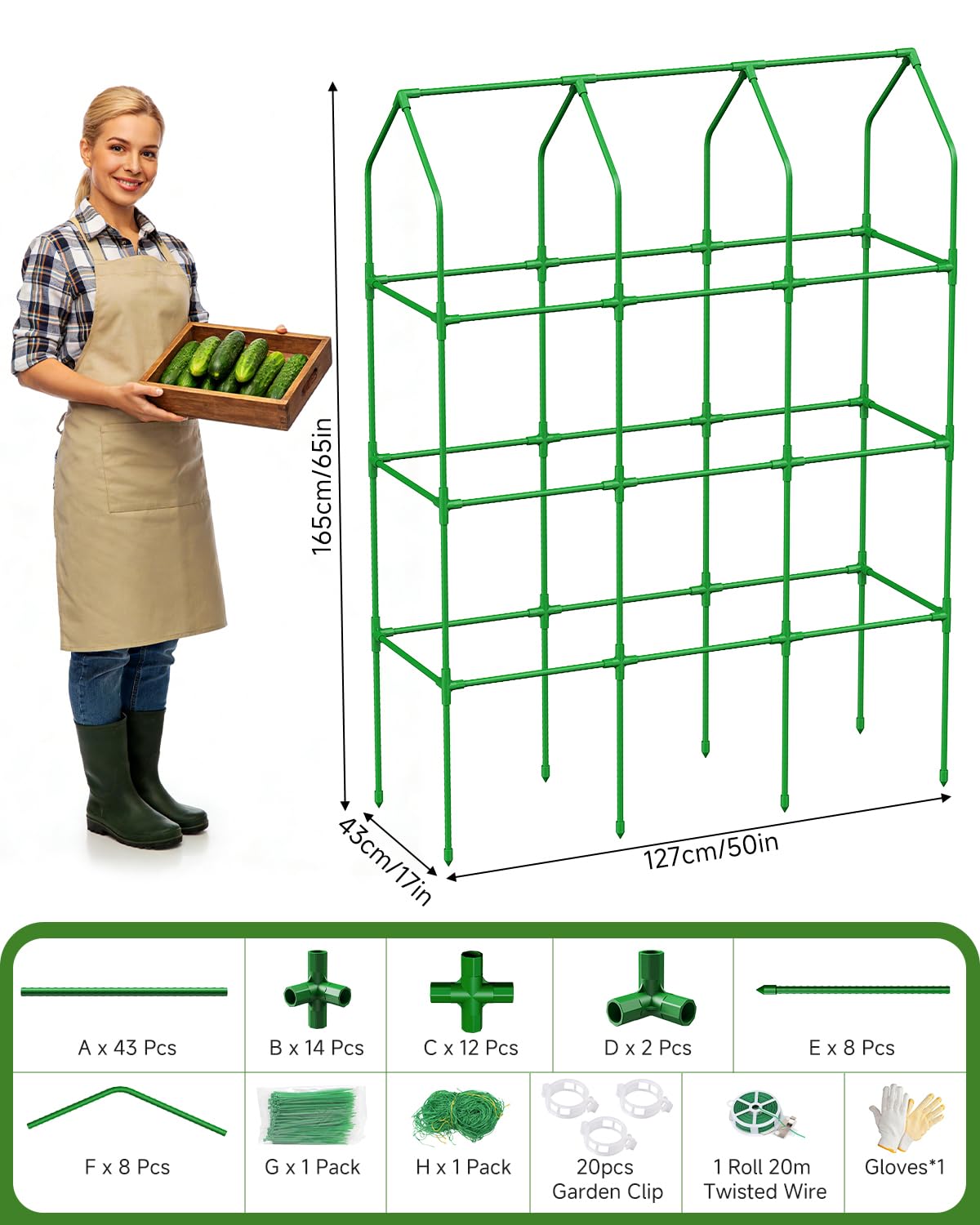 Cucumber Trellis for Climbing Plants Outdoor, A-Shape Garden Trellis for Raised Bed, Metal Plant Trellis with Garden Netting for Flower Vegetables, Pea, Grape (50 * 17 * 65inch(L*W*H)