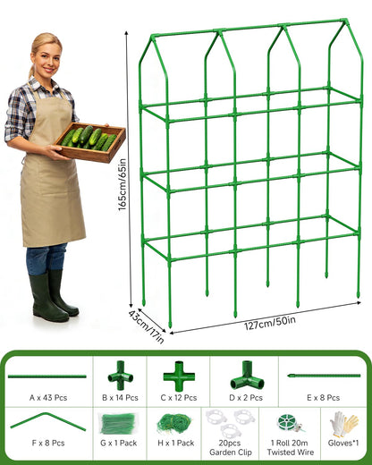 Cucumber Trellis for Climbing Plants Outdoor, A-Shape Garden Trellis for Raised Bed, Metal Plant Trellis with Garden Netting for Flower Vegetables, Pea, Grape (50 * 17 * 65inch(L*W*H)
