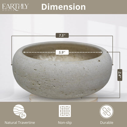 EARTHLY ROOTS Travertine Decorative Bowl, 7.5” Natural Stone Candy Bowl, Coffee Table Catchall Dish for Living Room, Candle, Key, Trinket Holder & Hand Crafted Home Decor