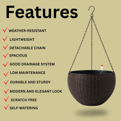 LaLaGreen Bundle- 2 Pack, 11 Inch Brown Hanging Plastic Basket + 2 Pack, 20 Inch Self Watering Planter with Bracket Rattan Style Window Plants Boxes Balcony Fence Porch Deck Modern Flower Pots Outdoor