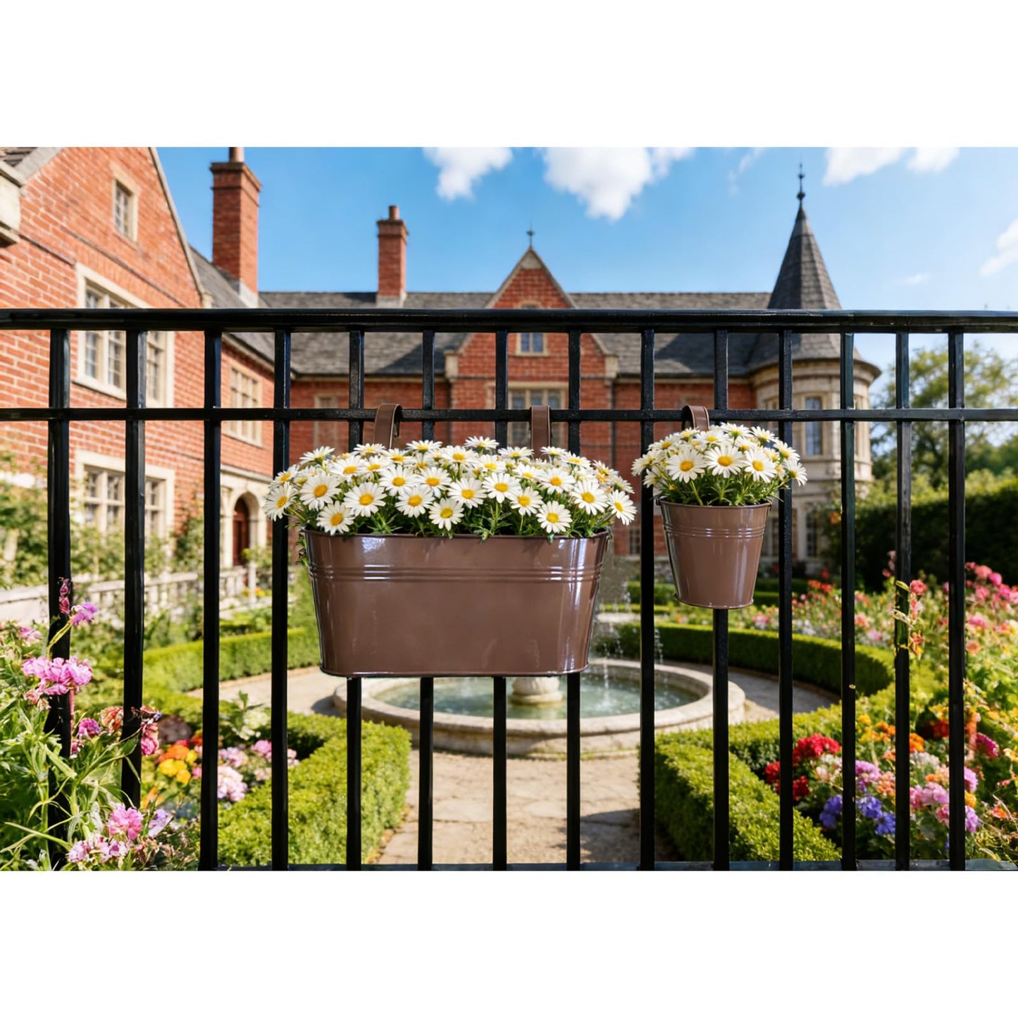 Joyfernal Set of 4 Outdoor Metal Railing Planters Box - 2 Pcs 5.12" Round Balcony Hanging Planter & 2 Pcs 17" Oval Fence Pot with Detachable Hooks Drainage, Chocolate
