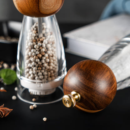 Wood Salt and Pepper Grinders Refillable Set of 2 - Refillable Acrylic Salt Shaker or Pepper Shaker Two 5 oz Salt - Pepper Mill or Salt Mill - Spice Grinder - Easy Clean Ceramic Grinders