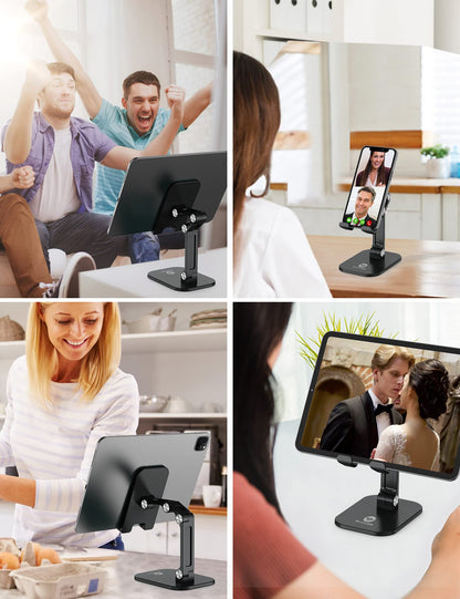 OCYCLONE Phone Stand, Adjustable Height and Angle Foldable Cell Phone Stand Holder for Desk, Taller iPhone Stand Compatible with 4.7"-13" Smartphones iPad Tablet, Black