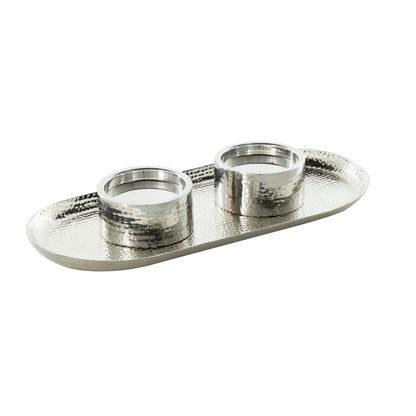 Deco 79 Stainless Steel Metal Decorative Candle Holder Hammered Candle Stand with Oval Tray Plate, Candlestick Holder 16" x 7" x 2", Silver