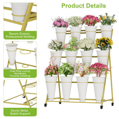 NEYCIL Flower Stand, 3 Tier Flower Display Stand with 12 Buckets, Upgrade Double Circle No Shaking, Outdoor Flower Cart with Wheels for Patio, Garden, Shop, Wedding, Party, Exhibition, Indoor, Gold