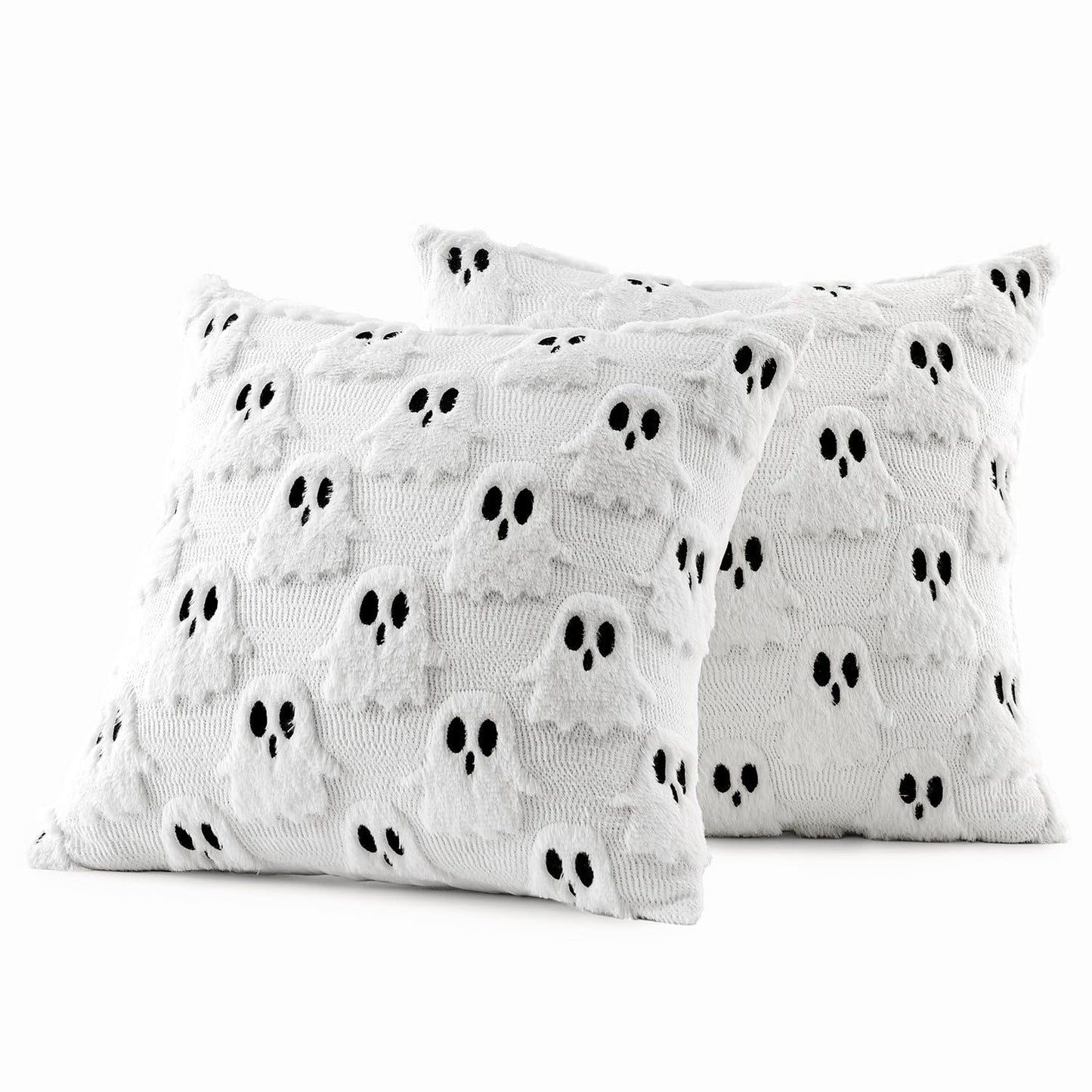 MIULEE Halloween Pillow Covers Set of 2 White Ghost Decorative Soft Throw Pillows Plush Faux Fur Wool Couch Cushion Case for Fall Decor Chair Sofa Bedroom Living Room 18x18 inch