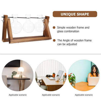 SEWACC Hydroponic Glass Planter with Wooden Stand, Desktop Flower Vase for Indoor Plant Display, Office and Home Table Decoration, Glass Flower Pot Terrarium Container
