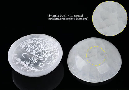 AMOYSTONE Natural Selenite Charging Bowl with Tree of Life Engraving 3.5-4'' Energy Cleansing Crystal Plate for Healing Meditation and Spiritual Home Decor