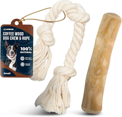 Coffee Wood Dog Chews 7.5" & Dog Rope Toys 100% Natural for Teething, Stress Relief, Dental Health, Organic Toys - Size S