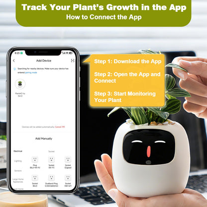 Smart Plant Pot with Visual Display – Soil Moisture, Water Level, Light & Battery Monitor, 80ml Self-Watering Reservoir, Supports 100+ Plants, Pomodoro Timer, Clock & Calendar-White