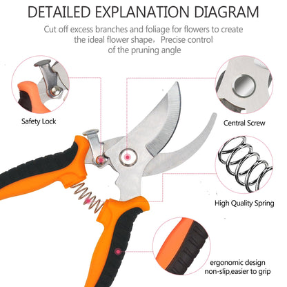 Pruning Shears Gardening Scissors Tools: 3pcs Outdoors&Indoor Garden Clippers, Rose Snips, Plant Clippers, Wood Pruner, Gardener Work Accessories for Flower Arrangement, Yard Landscaping (Orange)