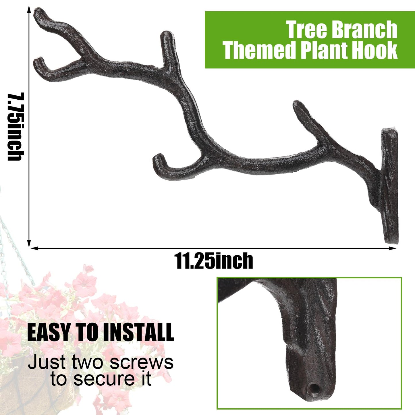 Blulu 2 Pcs 11'' Cast Iron Tree Branch Plant Hangers Decorative Metal Wall Bracket Hooks Wall Heavy Duty Home Storage Rack for Hanging Plants Pot Basket Lantern Wind Chimes Outdoor Indoor (Rust Brown)