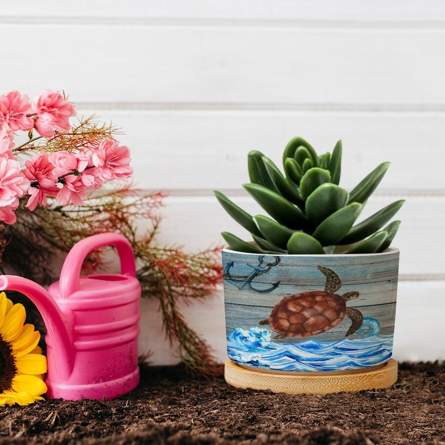 DreamAutumn Ocean Theme Sea Turtle Ceramic Pots for Plants with Drainage Holes Round Flower Pot Bamboo Tray Orchid Pot Succulents Pots for Outdoor Indoor Plants,Housewarming Gifts