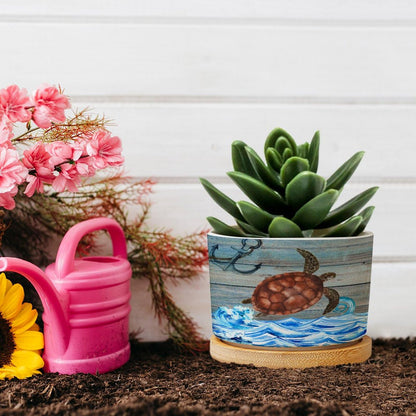 DreamAutumn Ocean Theme Sea Turtle Ceramic Pots for Plants with Drainage Holes Round Flower Pot Bamboo Tray Orchid Pot Succulents Pots for Outdoor Indoor Plants,Housewarming Gifts