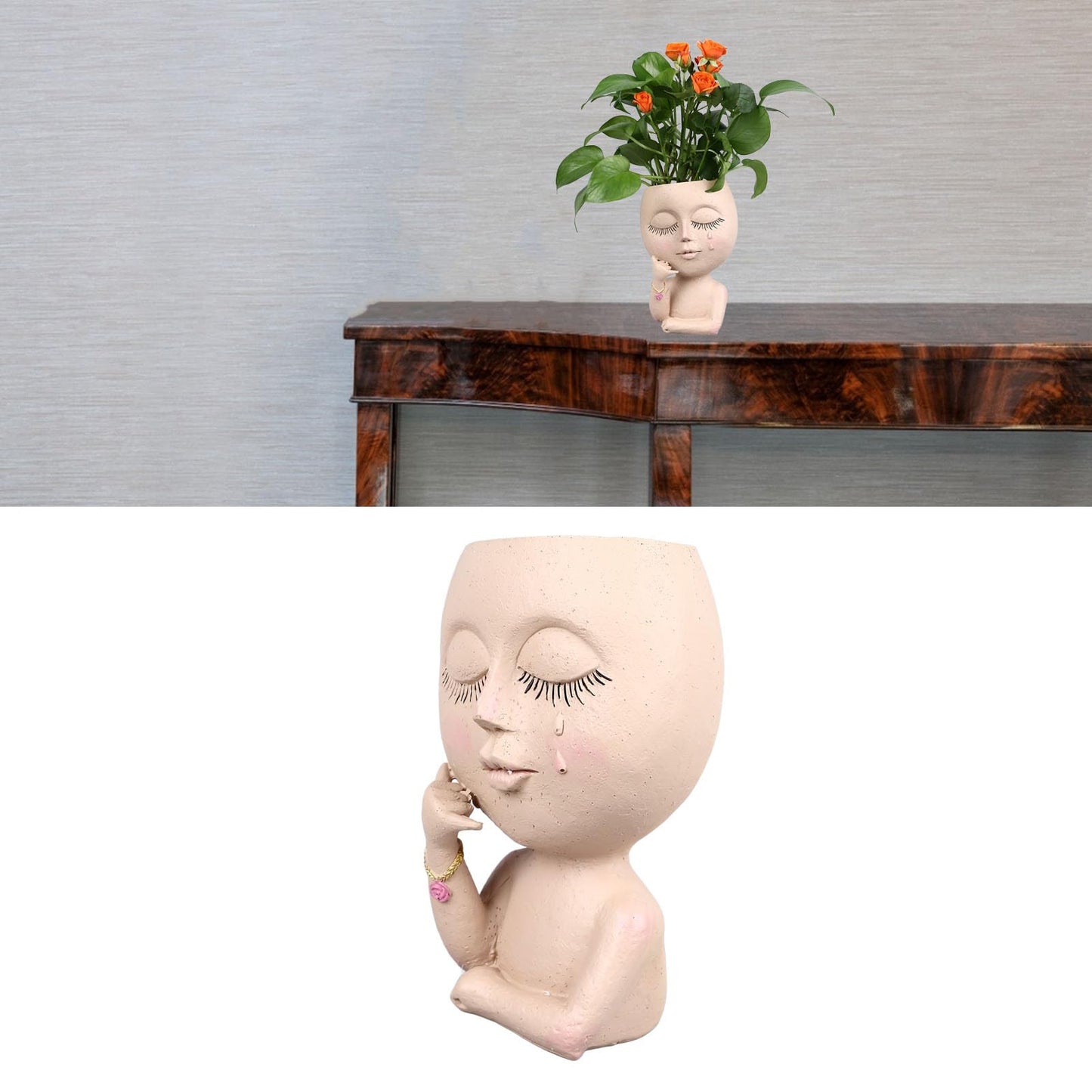 HaloVerde Artistic Face Flower Pot with Drainage System for Indoor and Cacti, a 16cm Resin Head Planter Pot Allowing for DIY Customization for Home Decor
