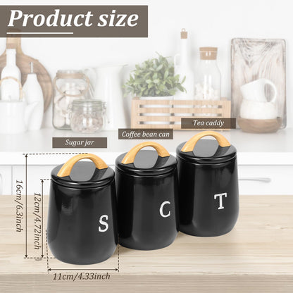3Pcs Canisters Sets for Kitchen Countertop - Sugar and Coffee Container Set, Metal Moisture Proof Sealed Jar with Label, Kitchen Canisters for Coffee Beans, Tea, Sugar, Salt, Flour, Spices (Black)