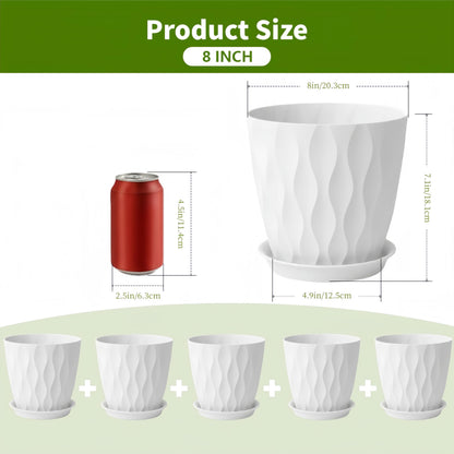 LESOASIS Plant Pots 8 Inch, 6 Pack Plastic Flower Pots for Indoor & Outdoor Plants, Planters with Drainage Holes and Saucer, Garden Pot for Plants (White)