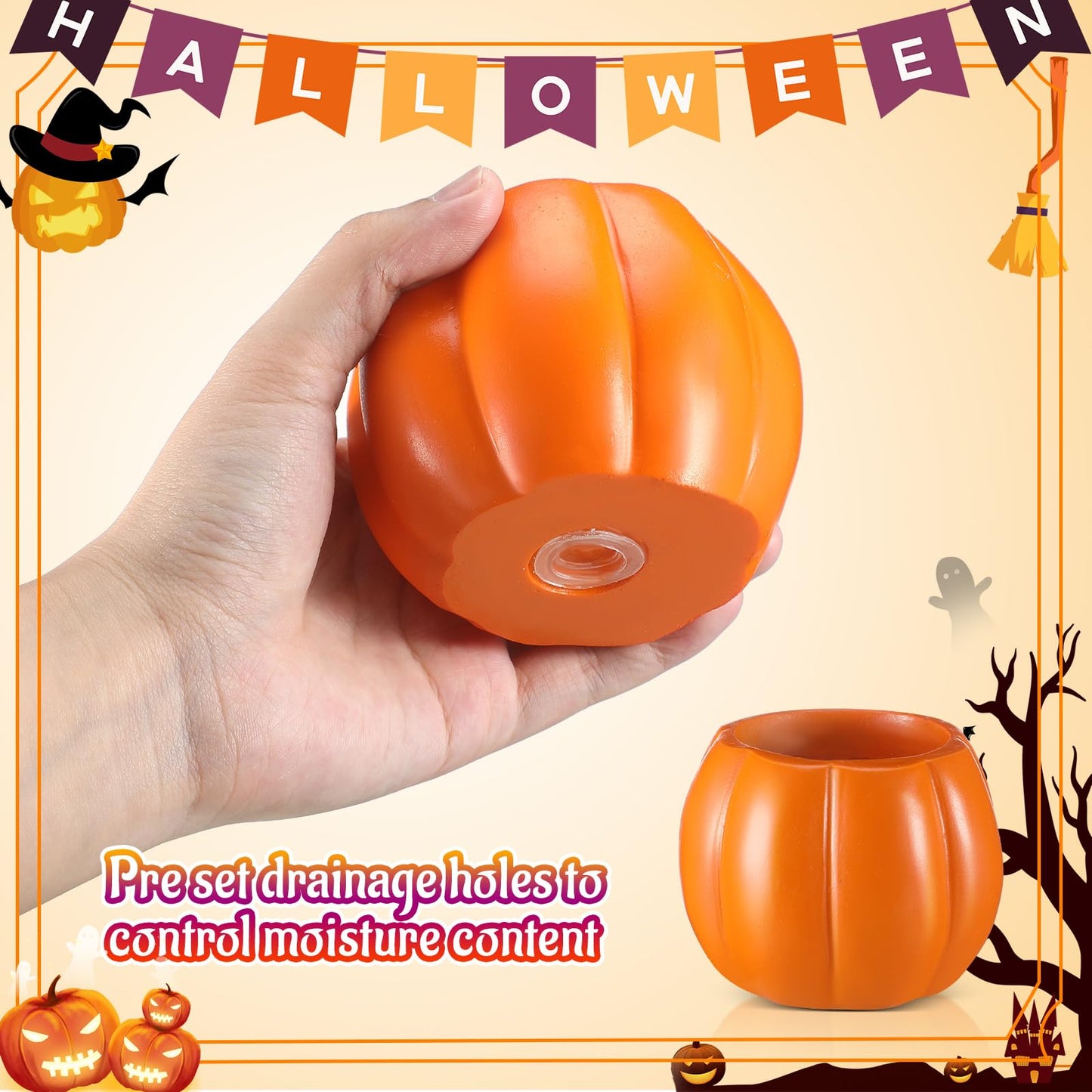Newtay 4 Pack Halloween Pumpkin Ghost Planter 3 Inch Halloween Succulent Pots Bucket Vase Gifts Resin Small Flower Pots for Home Office Party, Plants Not Included