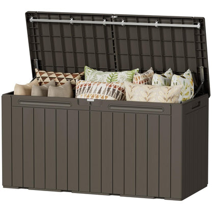 Devoko 100 Gallon Outdoor Storage Box, Waterproof Resin Deck Box for Patio Furniture, Lockable Container for Garden Cushions & Pool Supplies (Brown, 100 Gallon)