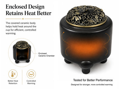 Ceramic Electric Incense Burner & Fragrance Warmer with Adjustable Temperature Timer – Enclosed Design for Better Heat Retention, Bakhoor, Frankincense & Resin Warmer, Includes Cup, Tong, Spoon (110V)