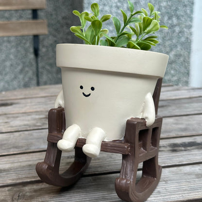 Cute Plant Pots Large Smily Face Planter Pot Resin Flower Head Planters for Indoor Outdoor Plants Unique Sit Rocking Chair Succulent Pot with Drainage Hole Best Gift for Mother and Plant Lovers