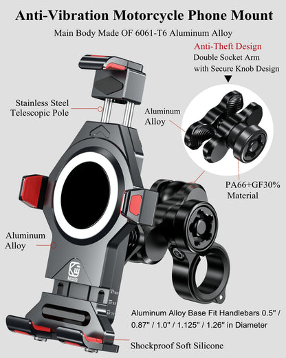 BRCOVAN Anti-Theft Aluminum Alloy Motorcycle Phone Mount with Vibration Dampener & High-Speed Secure Lock, Adjustable Bike Handlebar Cellphone Holder for Bicycle Scooter ATV, Fit 4.7-7.2'' Smartphone