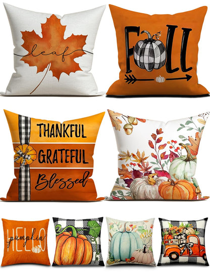 TOYPOPOR Fall Decorations Pillow Covers Double-Side Printing 16'' x 16'' Set of 4, Pumpkins Thankful Blessed Buffalo Plaid Fallen Leaves Thanksgiving Throw Cushion Cases for Outdoor Indoor Home Decor