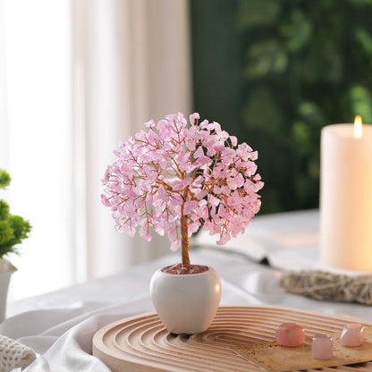 Rose Quartz Stone Chakra Crystal Tree Money Tree Feng Shui Gemstone Tree of Life with Pot Base, Good Luck Tree Christmas Home Office Desk Crystal Decor Ornaments, for Emotional Healing, Heart Chakra