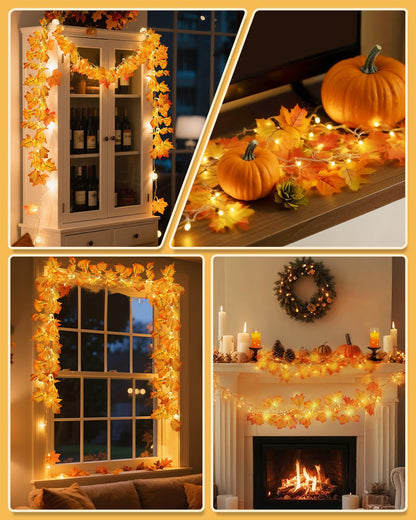 2Pack [8 Lighting Modes & Timer] Fall Decor Maple Leaf Garland with Lights 80LED Battery Operated Waterproof, Fall Decorations for Home Outdoor Indoor Thanksgiving Decor Halloween Friendsgiving Autumn