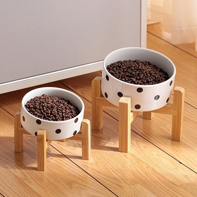 Elevated/Raised 15°Tilted Anti Slip Ceramic Dog Bowl for Small/Medium Breeds,Slanted Bulldog Big Face Pet Food Water Feeding Dish with Stand for Cats and Dogs (3.6 Cups/28 OZ) Black Dot