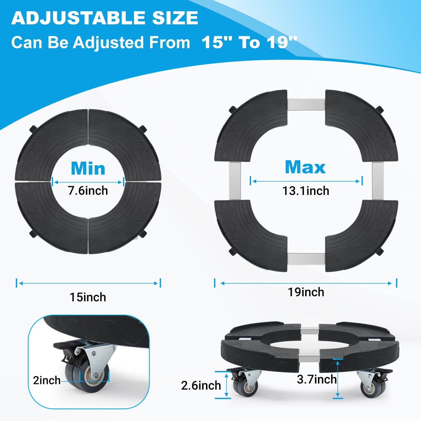 Humagineer Trash Can Dolly Wheels, Adjustable 15-19 Inch Round Roller with Locking Wheels 440 LBS Heavy Duty Drum Cart Multi Function Rolling Dollies Stand Plant Caddy(2 Packs, Black)