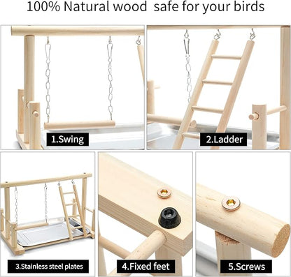 FrgKbTm Natural Wood Bird Playground Parrot Perch Playstand Play Gym Stand Playpen Perches Ladder Swing Platform with Toys Exercise Playgym for Luonfels,Budgie,Cockatiels,Conures,Parakeets,Lovebird