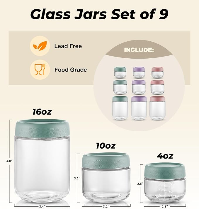 9 Pack Overnight Oats Containers with Lids, Large & Small Glass Mason Jars 16oz & 10oz & 4oz, Glass jars with Airtight Lids, Salad Meal Prep Jars for Food Storage, Overnight Oats Jars for Milk, Fruit