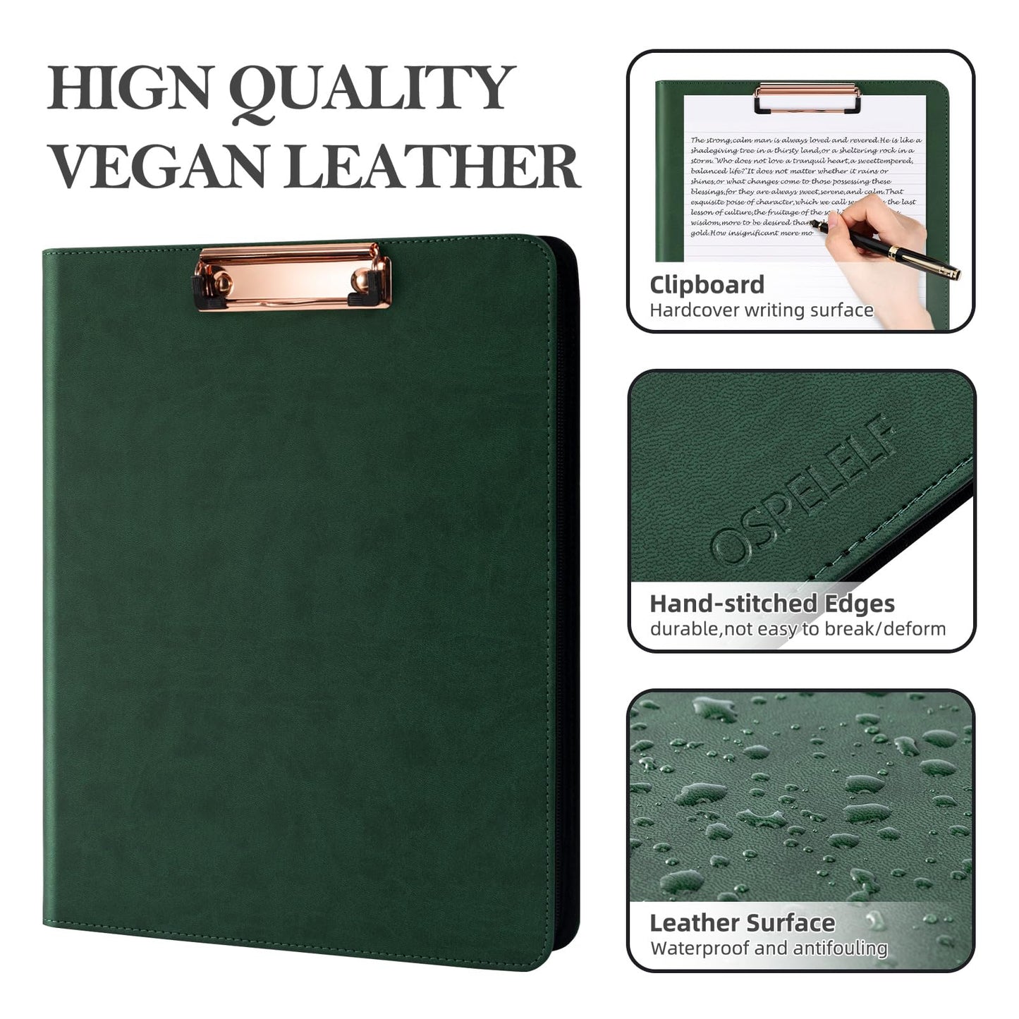 Ospelelf Green Clipboard with Storage 3 Binder Leather Portfolio Folder with Zipper, 12.1” Tablet Sleeve, 5 Dividers with Pocket, Refillable Notepad, Card Slot