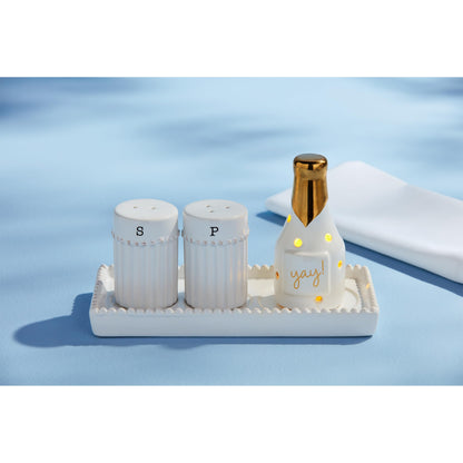 Mud Pie Salt Pepper Accessory Holder; shaker 2 3/4" x 1 3/4" dia | tray 3 1/4" x 6 3/4"