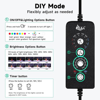AQQA LED Aquarium Light, 24/7 Mode IP68 Waterproof Extendable Bracket Fish Tank Light, DIY Mode Full Spectrum Aquarium Plant Light, Adjustable Timer/Brightness Memory Function for 40-48 Inch Fish Tank