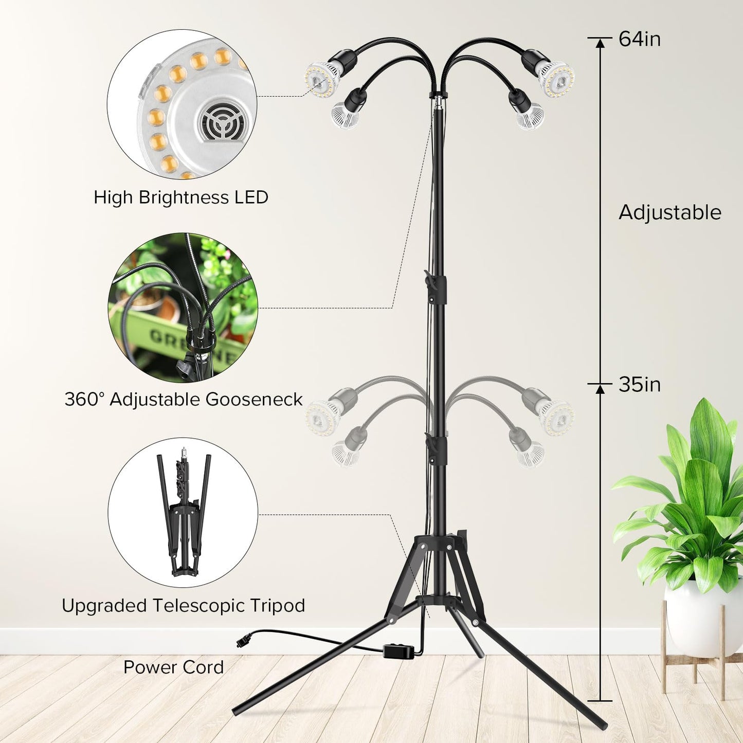 SANSI Grow Lights for Indoor Plants, 4 Head Dimmable Plant Lights for Indoor Growing, 35"-64" Adjustable Tripod LED Grow Light Lamp with Remote Control Auto On/Off Timer 4 Pack of Par20 10W Bulbs