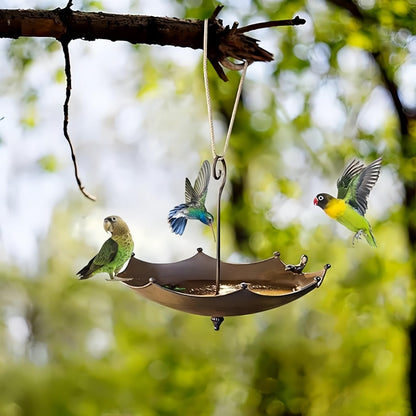 Hanging Bird Feeder Tray Bird Bath for Outdoors, Umbrella Shaped Wild Bird Feeders Tray for Bath, Hummingbird Feeder for Outside, Metal and Water Bowl, Garden Backyard Decor, Brown