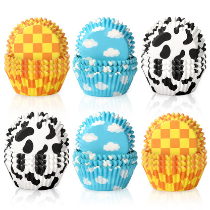 JarThenaAMCS 600Pcs Toy Inspire Game Cupcake Liner Cartoon Story Paper Cupcake Wrapper Cow Print Blue Cloud Checkered Disposable Muffin Cup for Baking Party Supplies, 2 x 1.2 in
