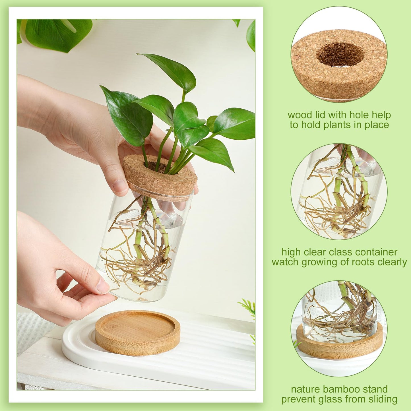 Layhit 4 Pcs Plants Propagation Stations vases Glass Planters with Wooden Lid and Bamboo Stand for Hydroponic Plants Gardening Gifts for Women Mom Home Office Tabletop Decoration(Funny Style)
