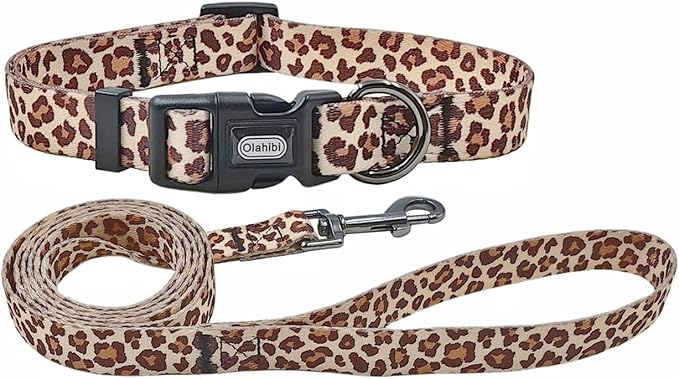 Dog Collar Leash Set, Leopard Pattern, Polyester Material, Adjustable Collar and 5ft Matching Leash, for Puppy Dogs.(XS, Light Coffee Leopard)