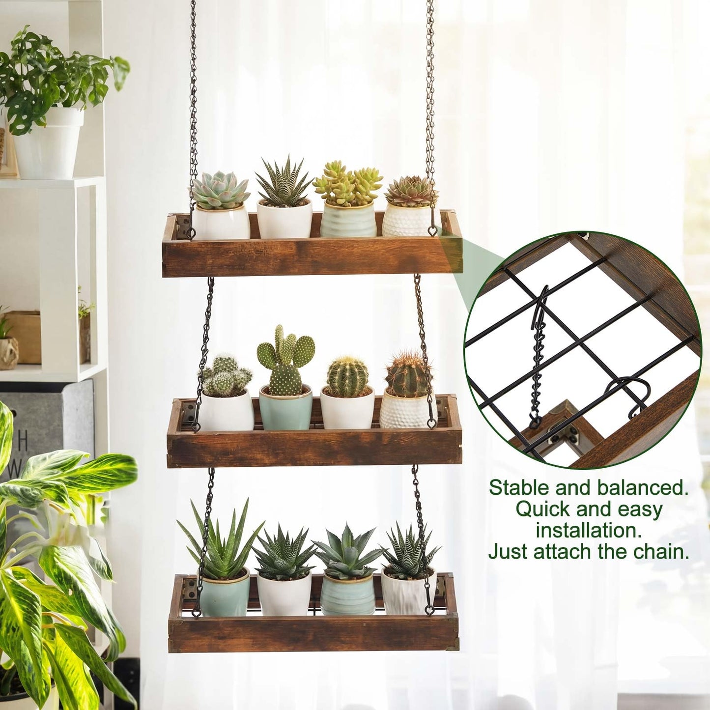 Otoolling 3 Tier 16" Hanging Window Plant Shelf Wood Frame Metal Chain Large Hanging Herb Planter Holder Indoor Display Floating Wall Flower Pot Organizer Storage for Herbs Microgreens Succulents
