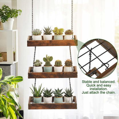 Otoolling 3 Tier 16" Hanging Window Plant Shelf Wood Frame Metal Chain Large Hanging Herb Planter Holder Indoor Display Floating Wall Flower Pot Organizer Storage for Herbs Microgreens Succulents